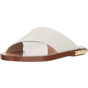 Stuart Weitzman rockrose white leather crossed gold rose stud heel flat slides